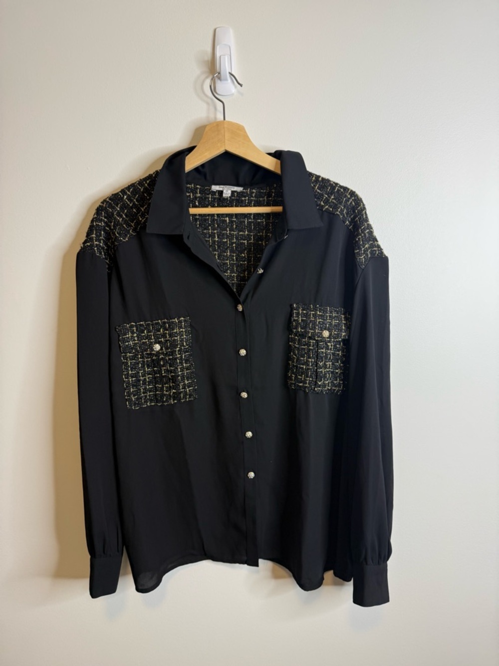 Isaac Mizrahi Black Button-Up Blouse with Gold-Thread Tweed Accents size 2x